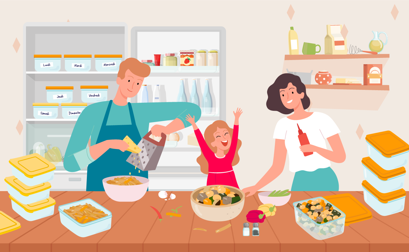 Une famille en pleine séance de batch cooking