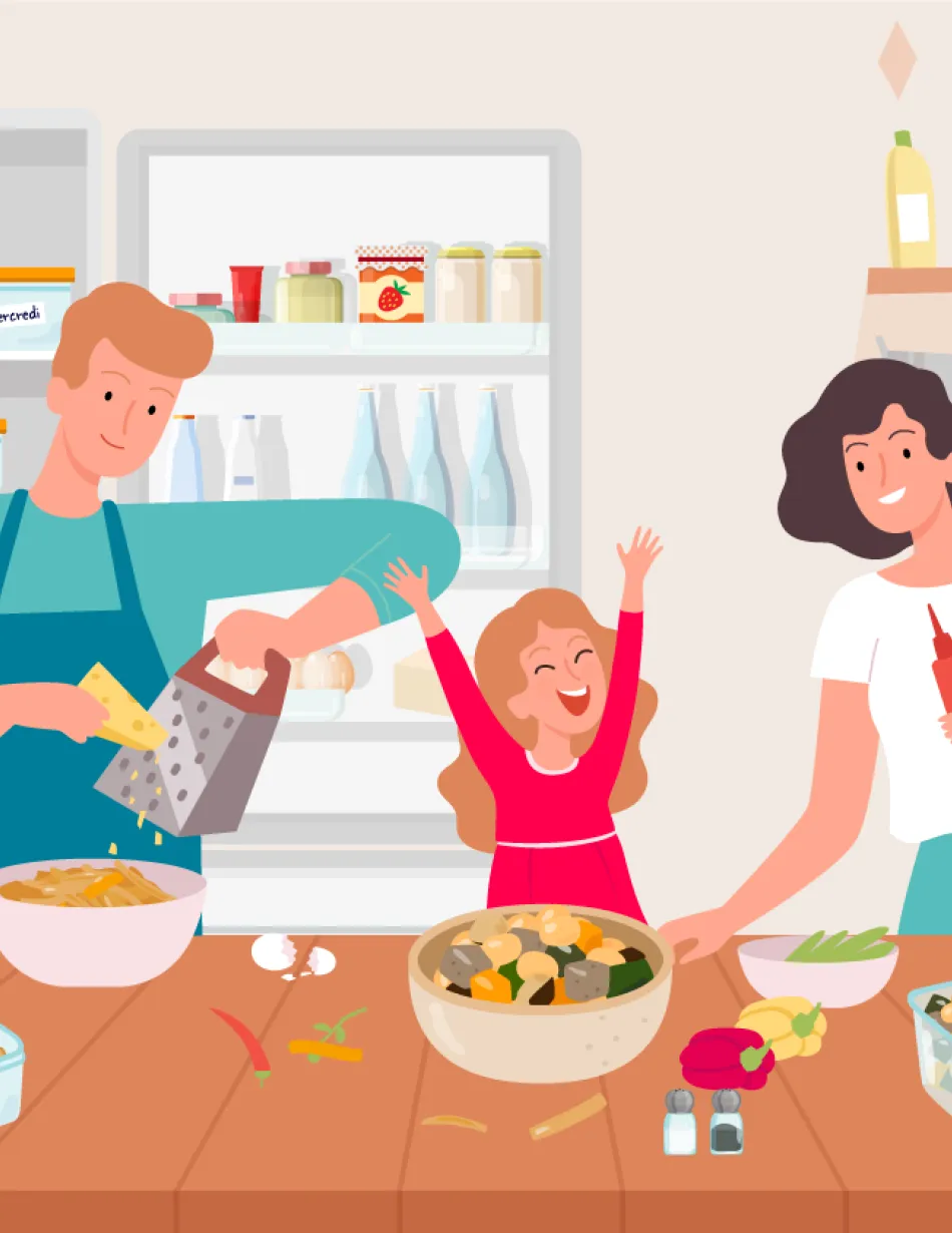 Une famille en pleine séance de batch cooking