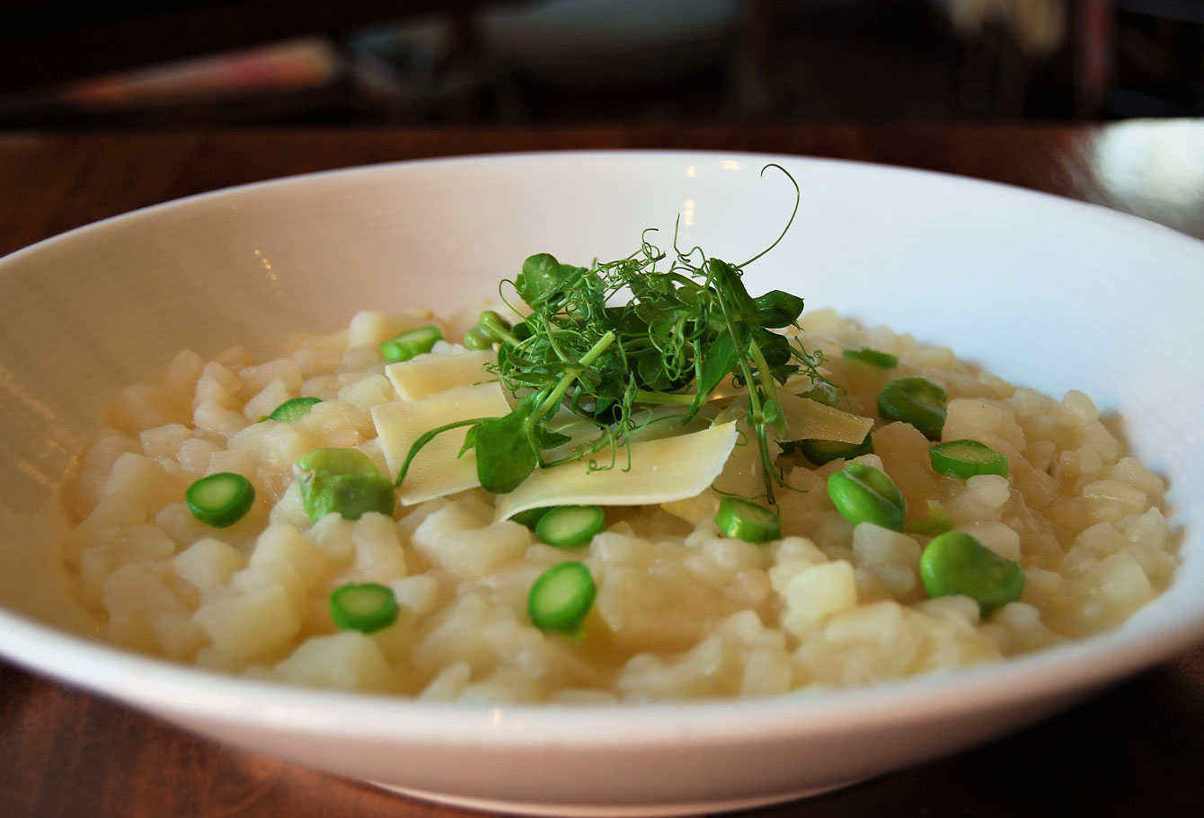 potato risotto Milanese with asparagus ends &amp; trashed fava beans 