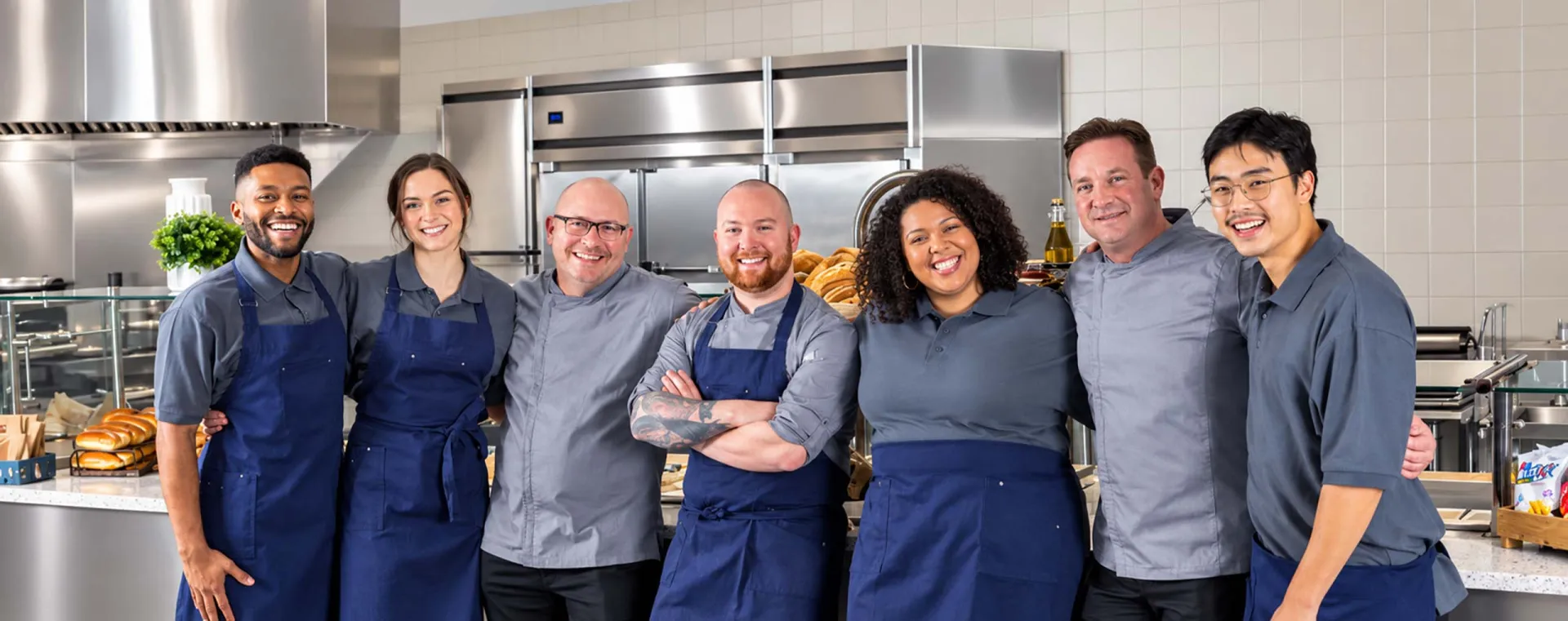 Diverse Elior North America culinary and hospitality team members smiling together in a commercial kitchen, representing teamwork and a shared passion for food.