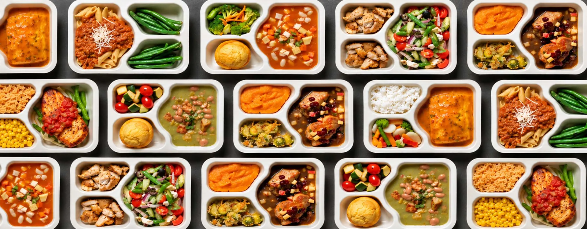 The image shows a variety of neatly arranged frozen or pre-packaged meal trays containing balanced portions of vegetables, proteins, and side dishes.