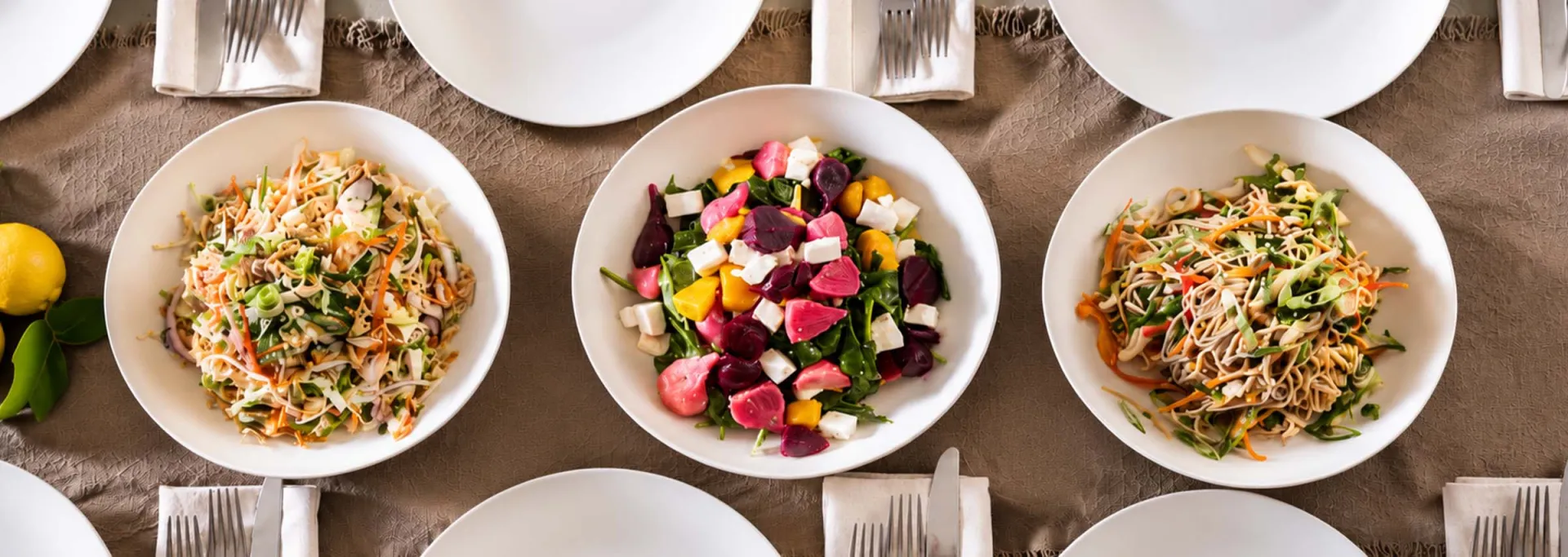 Overhead view of three freshly prepared, colorful salads on a dining table, showcasing the culinary variety and fresh food offerings of Elior North America's foodservice companies."