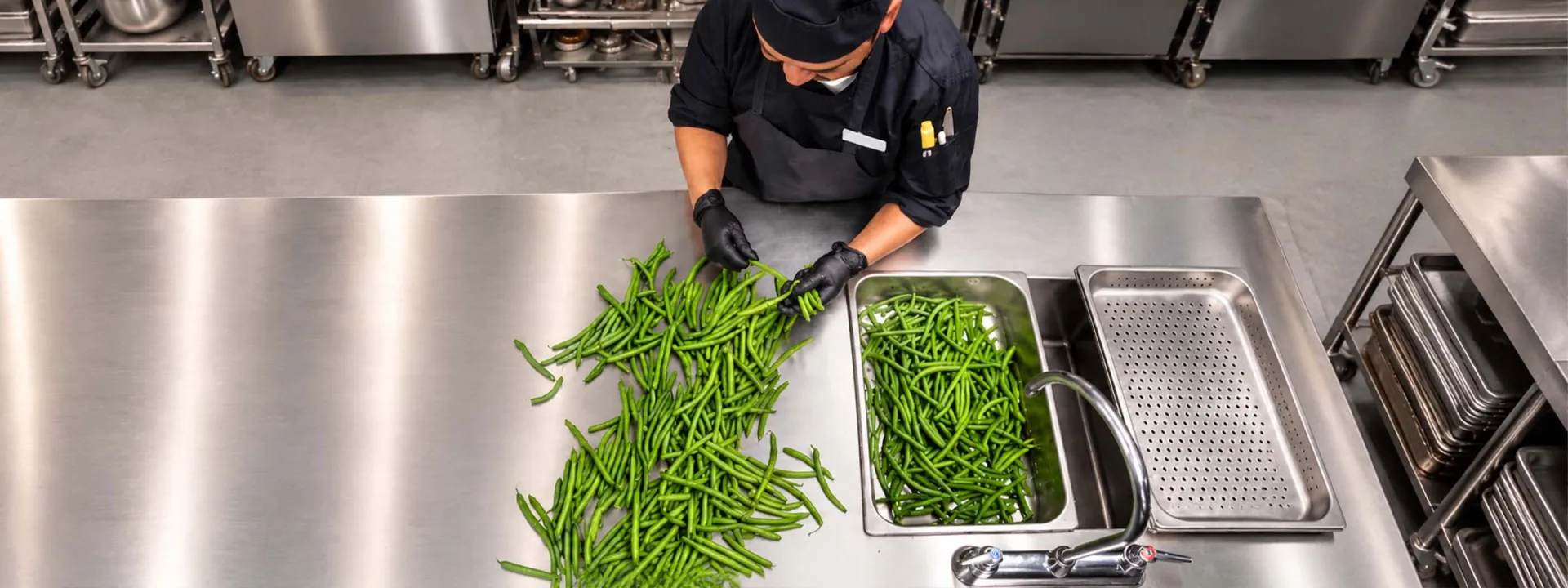  Elior North America chef preparing fresh green beans in a professional kitchen, reflecting our food philosophy of fresh ingredients, culinary excellence, and quality dining experiences.