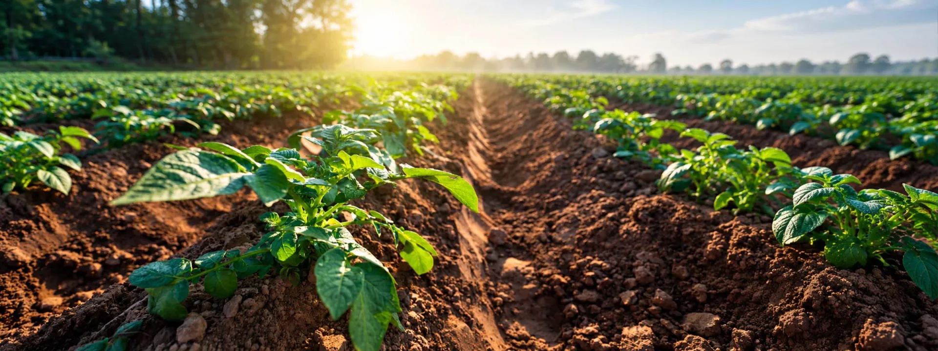 Rows of young green crops growing in a sunlit agricultural field, representing Elior North America’s commitment to sustainable sourcing and environmental responsibility.