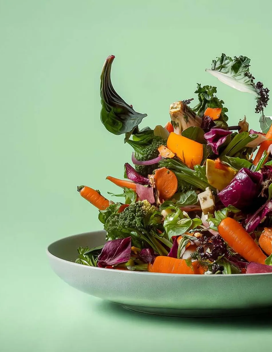 Plate with vegetables falling onto it