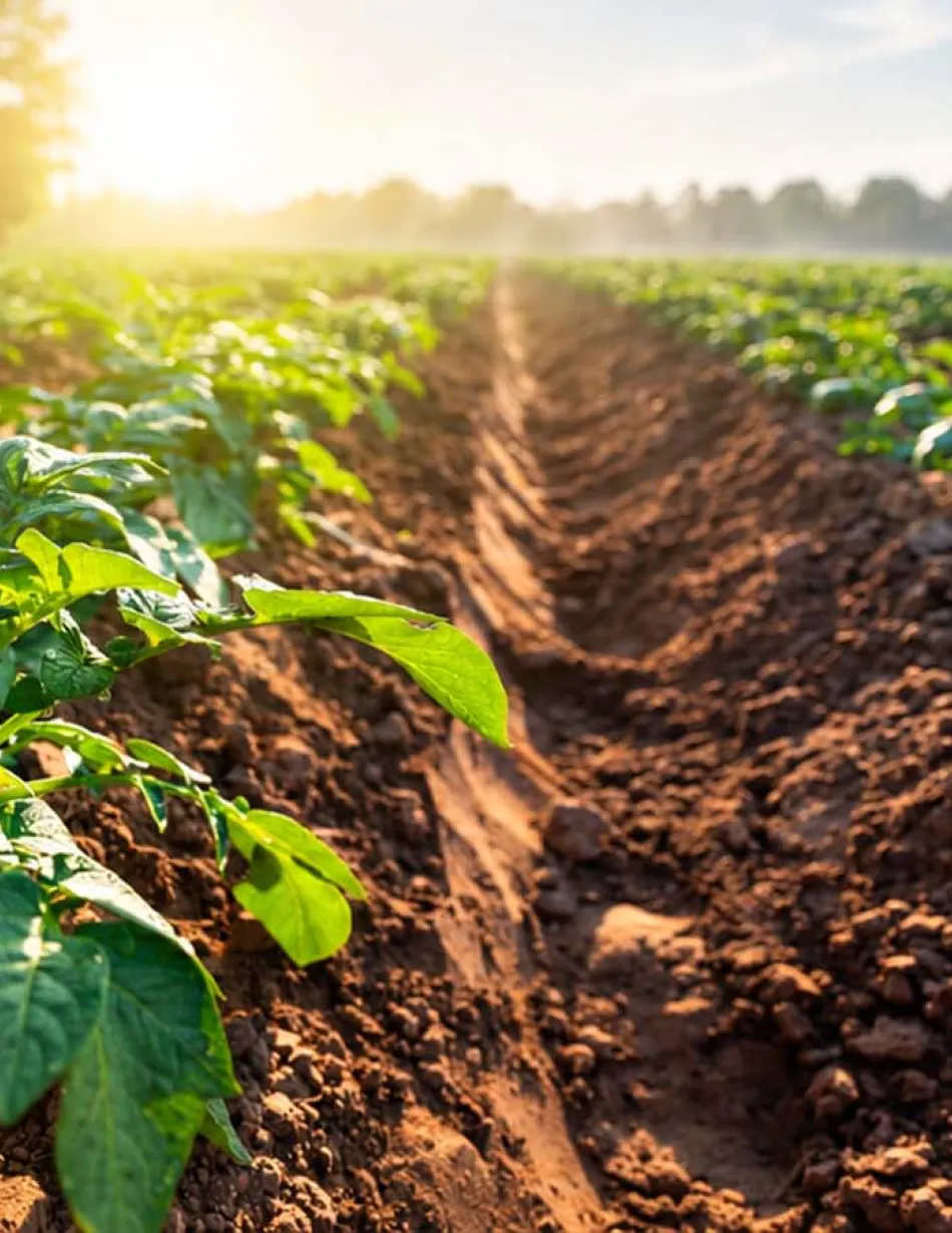 Rows of young green crops growing in a sunlit agricultural field, representing Elior North America’s commitment to sustainable sourcing and environmental responsibility.