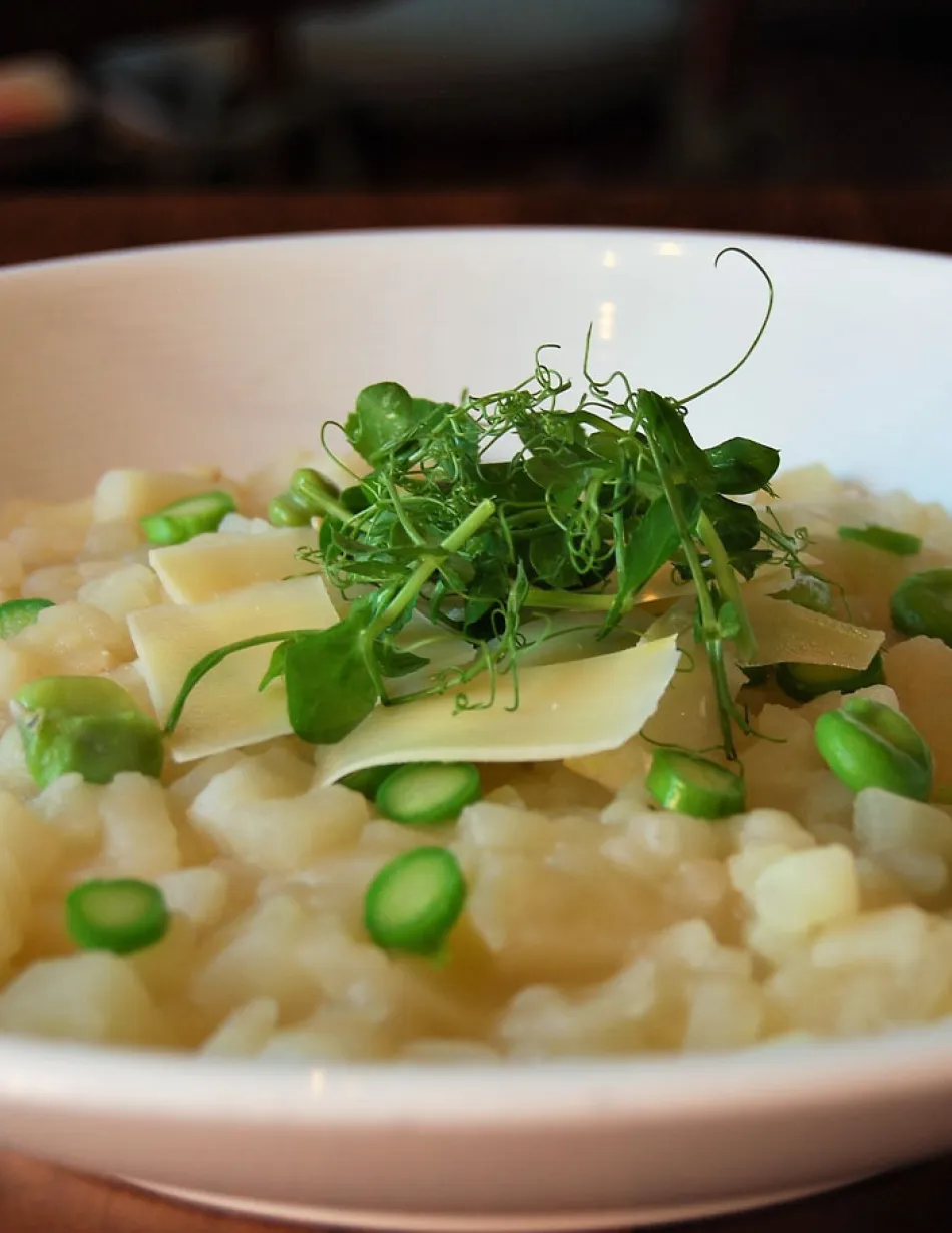 potato risotto Milanese with asparagus ends &amp; trashed fava beans 