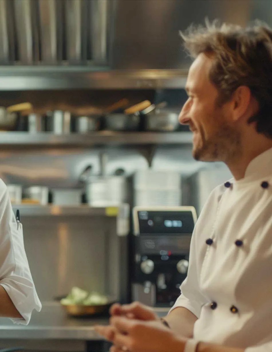 Two chefs having a conversation in a kitchen