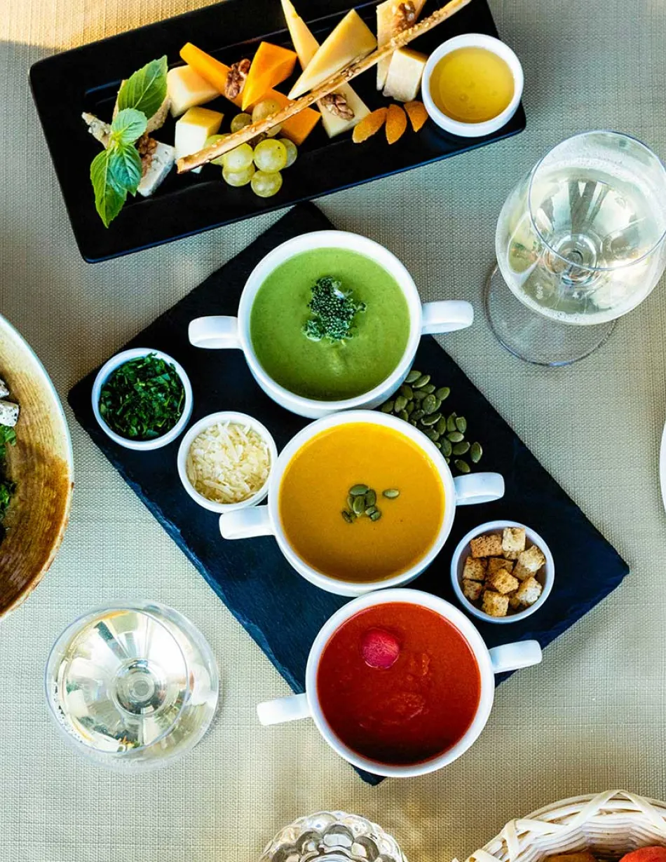 Overhead shot of two people eating salad