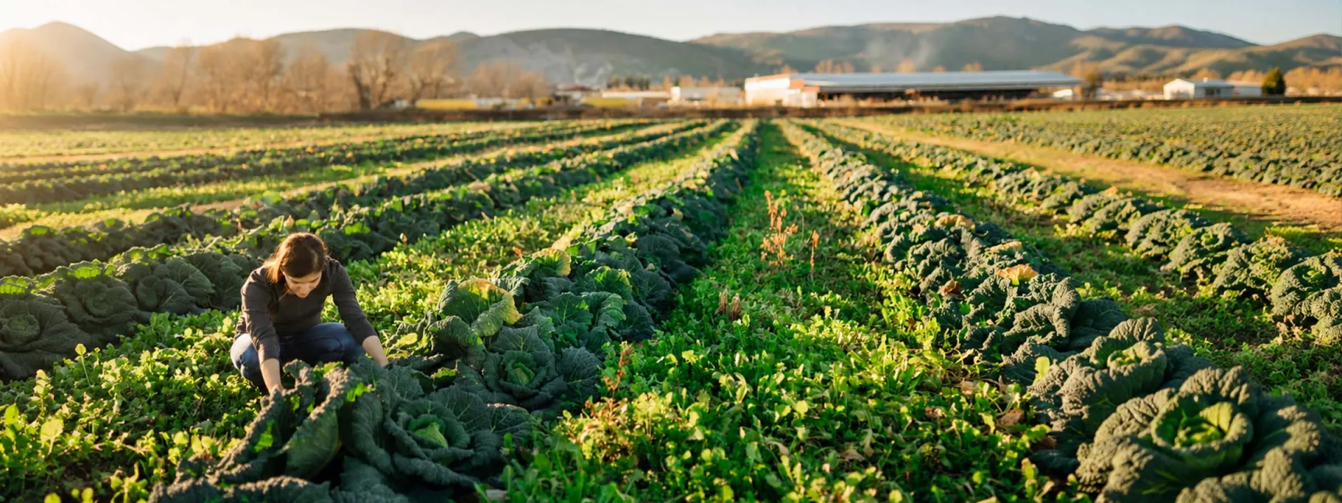 A farm worker tending fresh leafy greens in a vegetable field, highlighting Elior North America’s commitment to responsible sourcing and sustainable food practices.