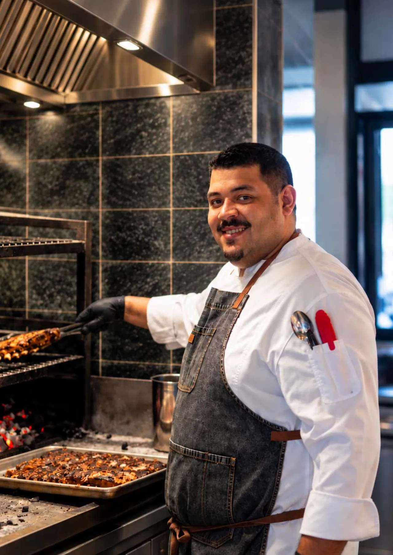 A smiling chef, wearing a white coat and dark apron, is grilling skewers over hot coals in a kitchen with dark tiled walls.